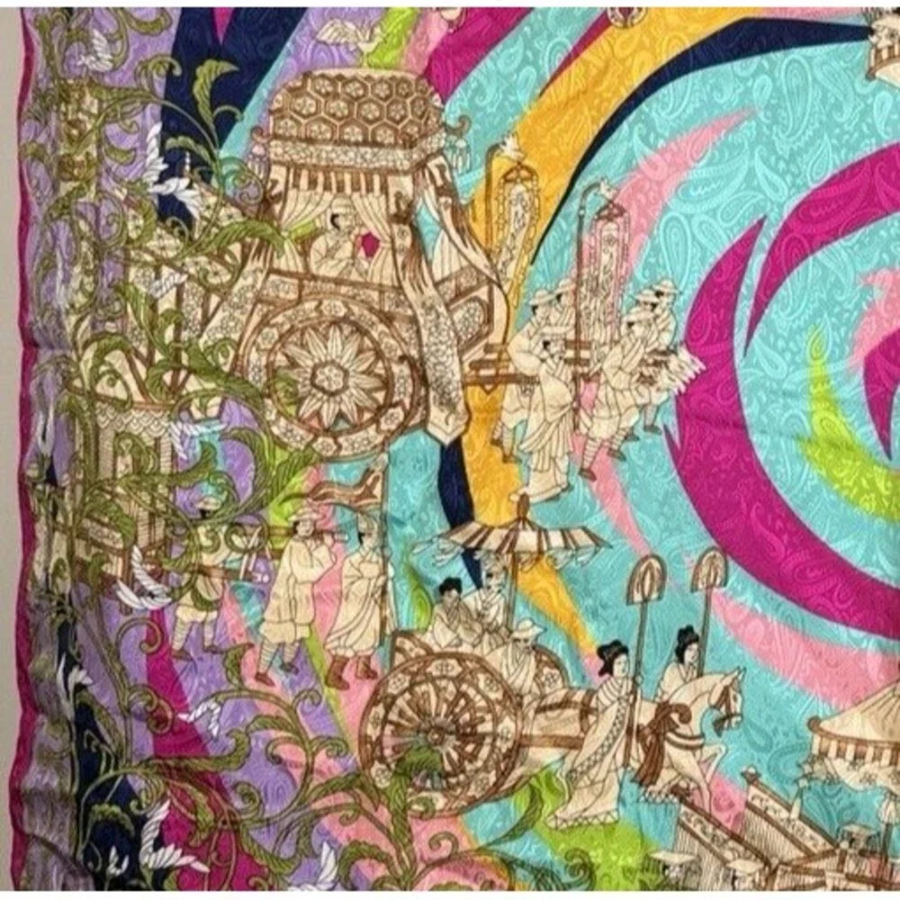 VINTAGE  Japanese Kyoto Silk Scarf Heian Court Procession Hand Rolled Hem 40